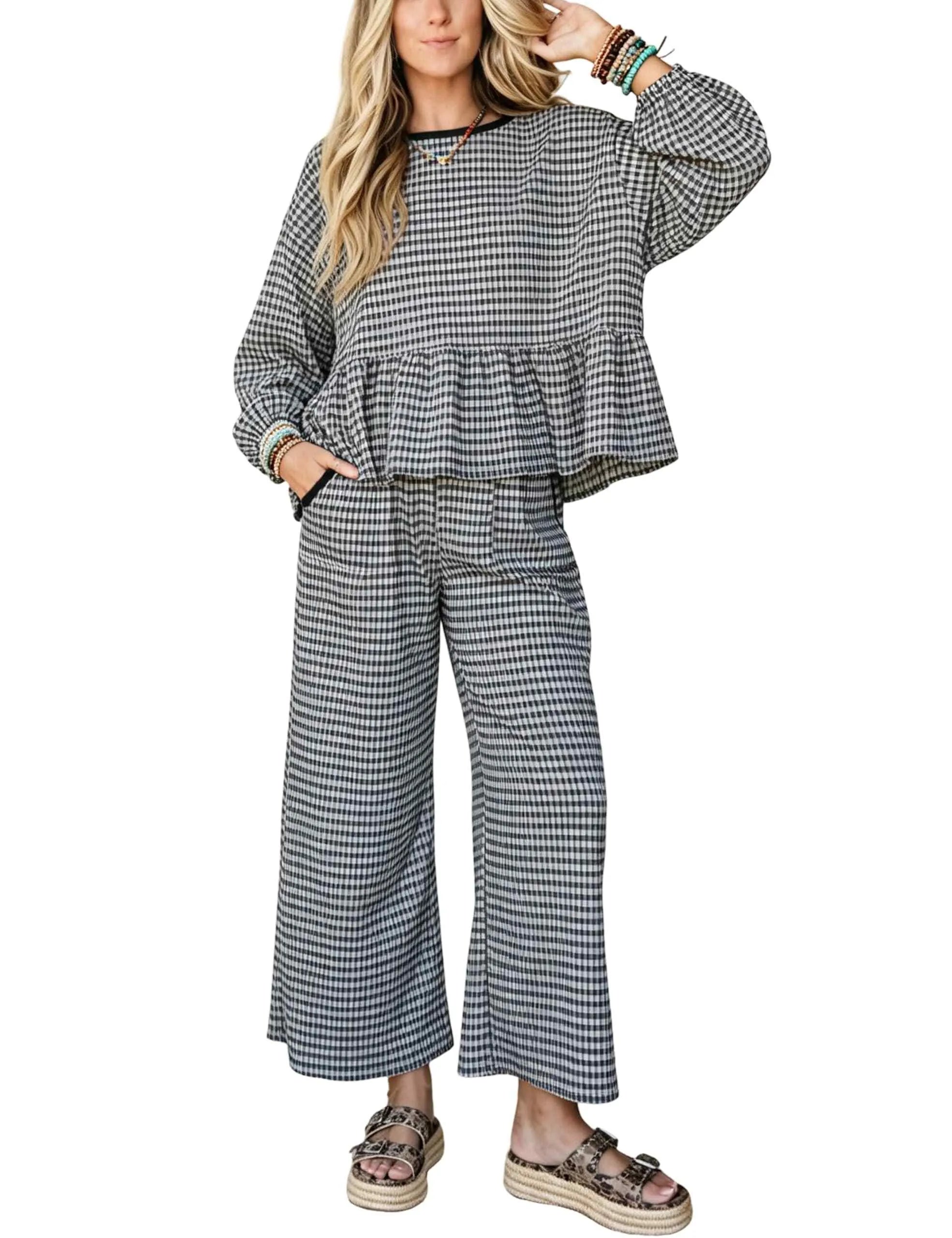 Women's Gingham Two Piece Set Peplum Top & Wide Leg Pants