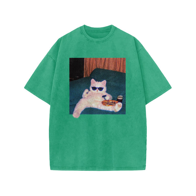 Unisex Cool Cat Print Acid Washed T-shirt