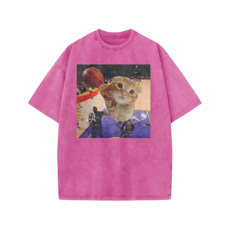 Orange Cats Playing Basketball Print Acid Washed T-shirt