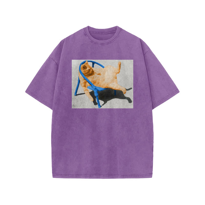 Unisex Cat Lying Flat Print Acid Washed T-shirt