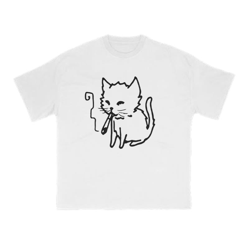 Unisex Smoking Cat Print T-shirt