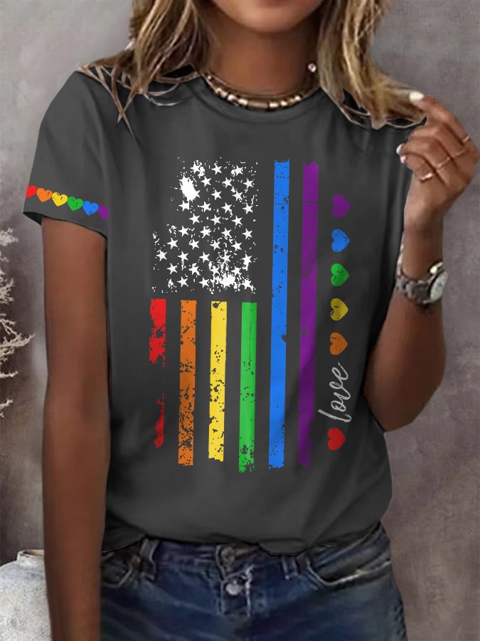 Women's Pride Month Rainbow American Flag print Short Sleeve T-Shirt