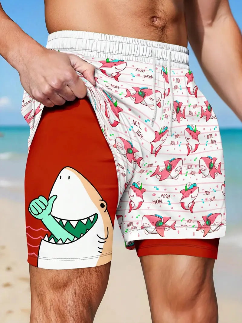 Unisex Funny Cartoon Shark Music Note Print Quick Dry Stretch Short Pants