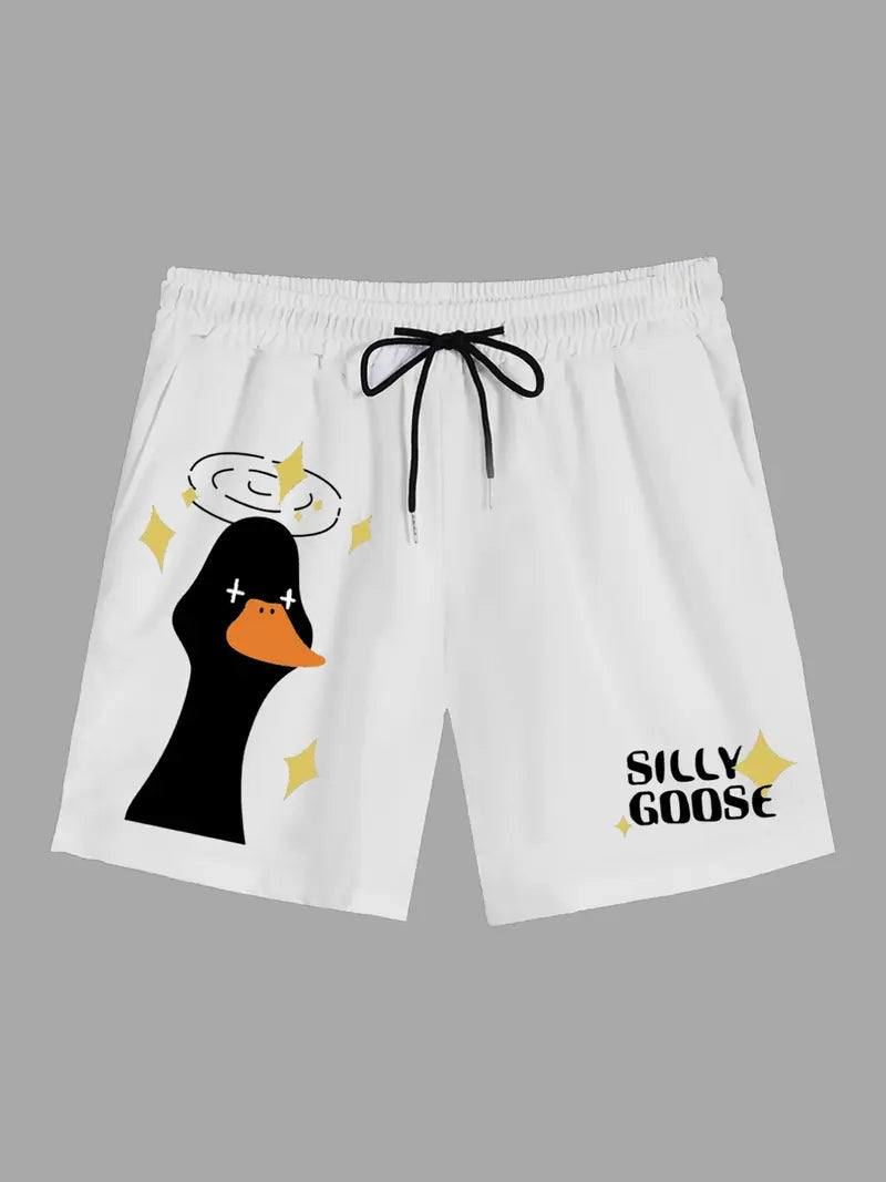 Unisex Cartoon Goose & Letter Print Drawstring Shorts