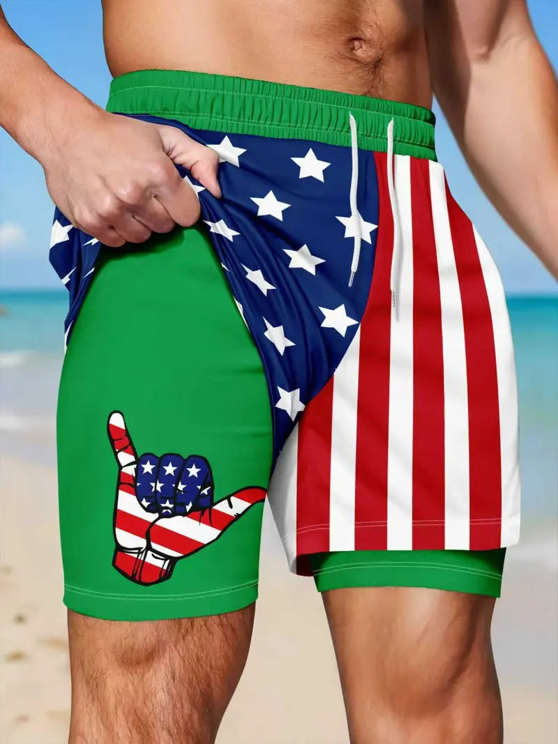 Unisex 2-in-1 American Flag Print Beach Shorts