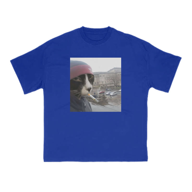 Unisex Smoking Street Style Cat Print T-shirt