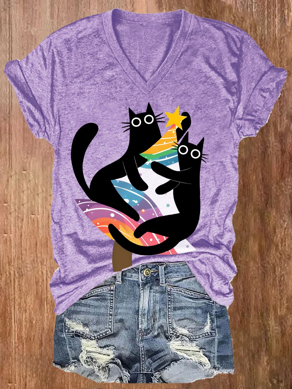 Women's Two Black Cats Holding A Rainbow Christmas Tree Pride Month And Cat Print V-Neck T-Shirt Top