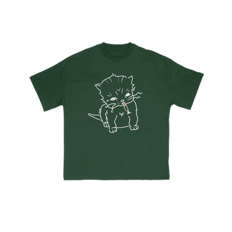 Unisex Smoking Cat Print T-shirt