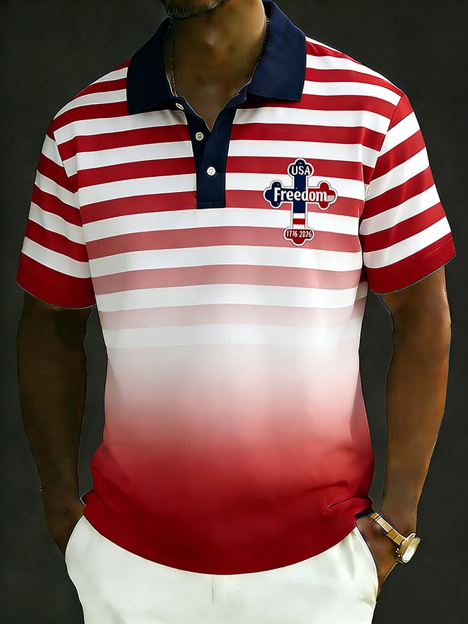 Men's Retro 250th Anniversary of the United States Print  Independence Day Cross Print Polo Shirt