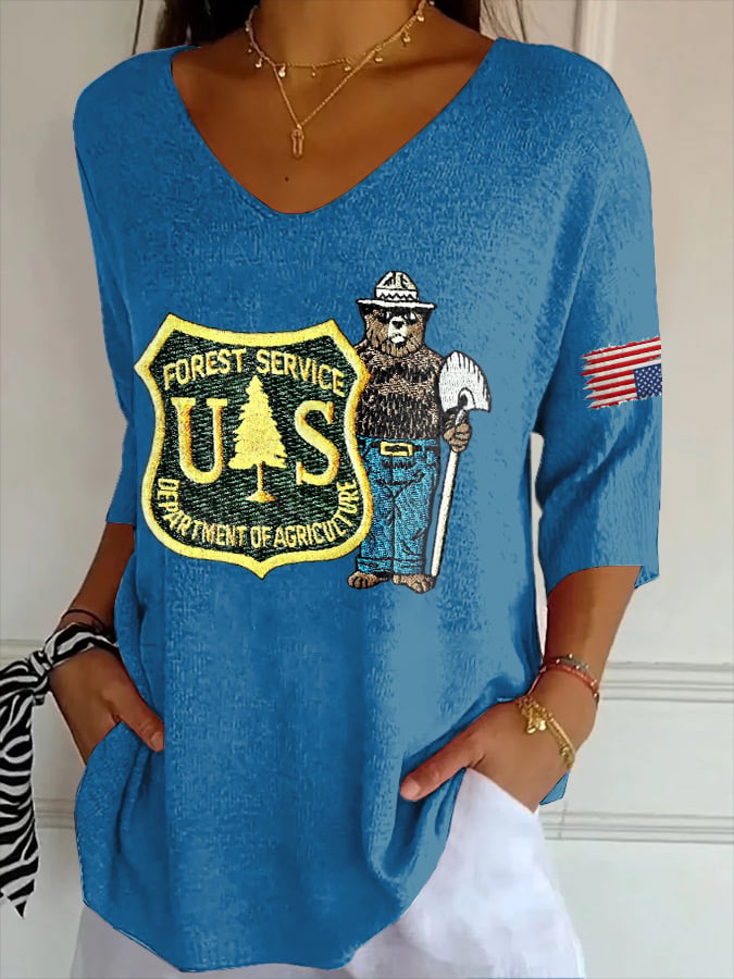 V- Neck Retro Save The Forest Service Print Shirt