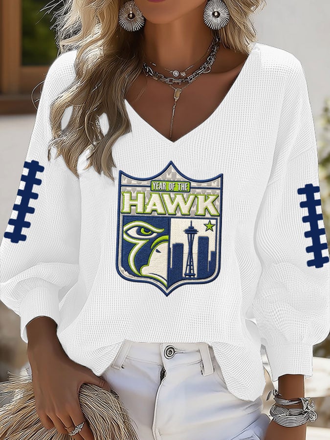 Women's Football Print V-neck Waffle Knit T-shirt