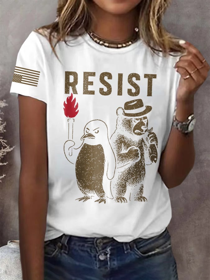 Retro Bear And Penguin Resist Print T-Shirt