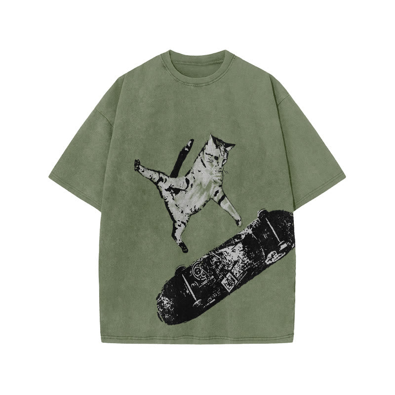 Unisex Street Skate Cat Print Acid Washed T-shirt