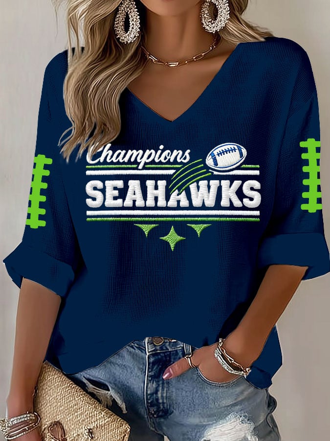 Women's Football Print Waffle Long Sleeve T-Shirt