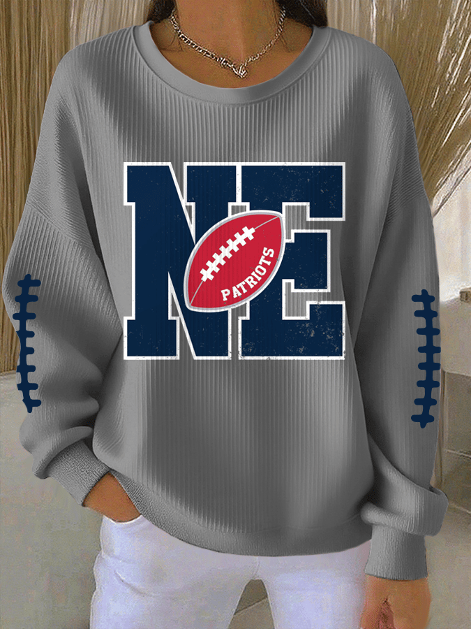 Women's Football Print Knit Crew Neck Long Sleeve Top