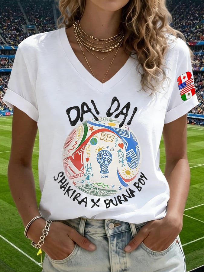 V-Neck Retro Dai Dai Print T-Shirt