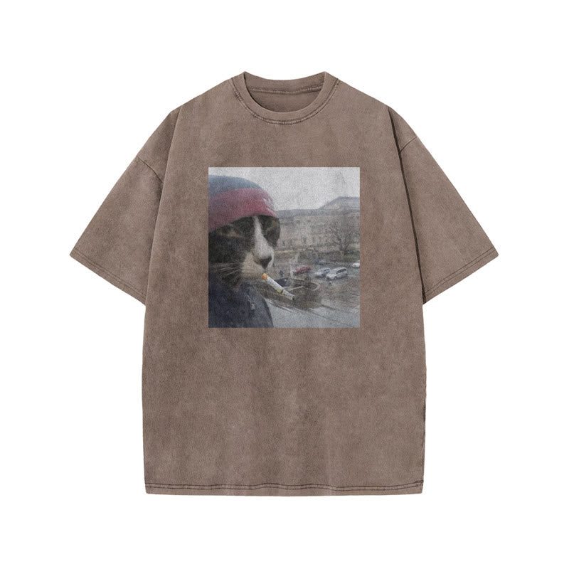 Unisex Smoking Street Style Cat Print Acid Washed T-shirt