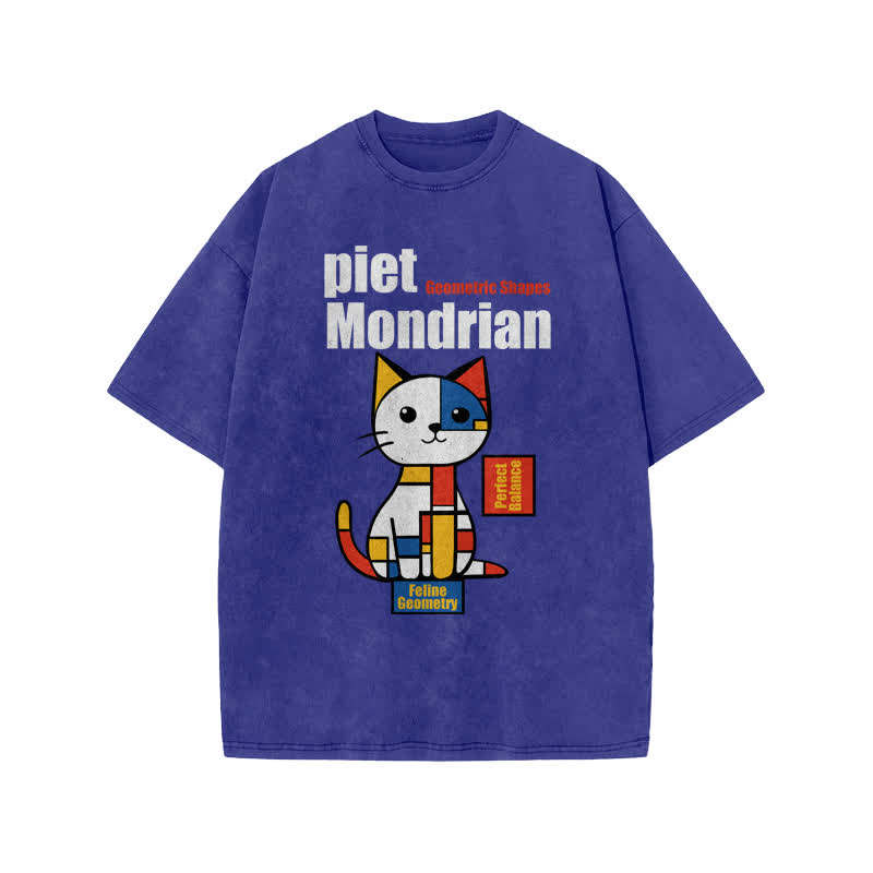Unisex Geometric Shapes Cat Print Acid Washed T-shirt