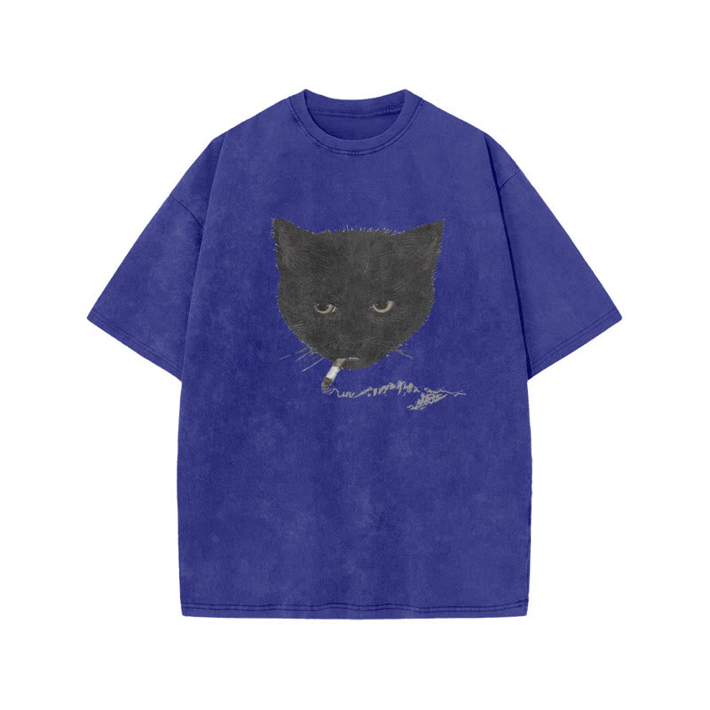 Unisex Smocking Cat Print Acid Washed T-shirt