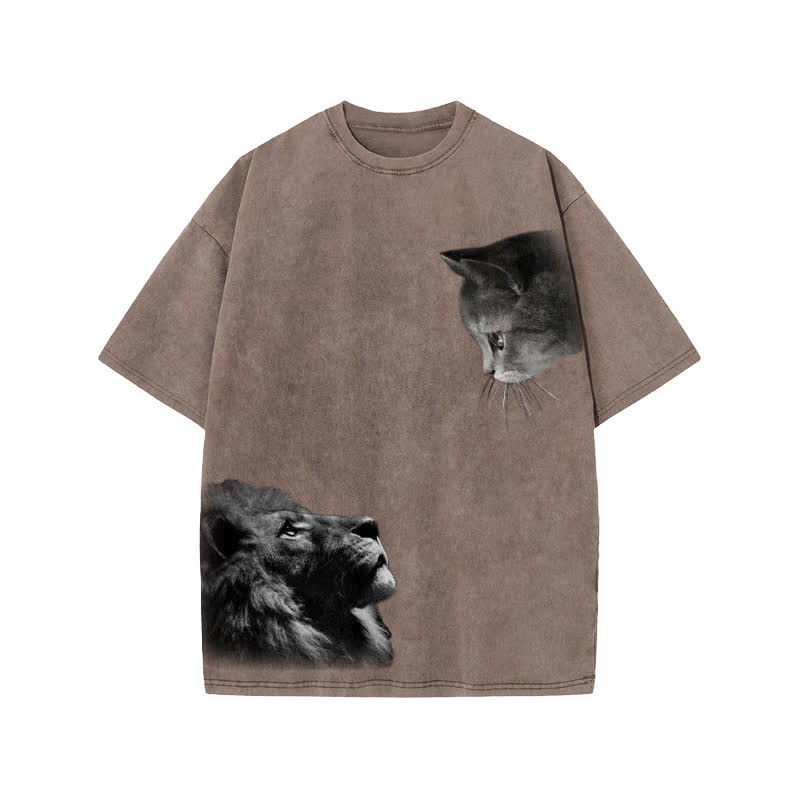 Unisex 100% Cotton Lion And Cat Print Acid Washed T-shirt