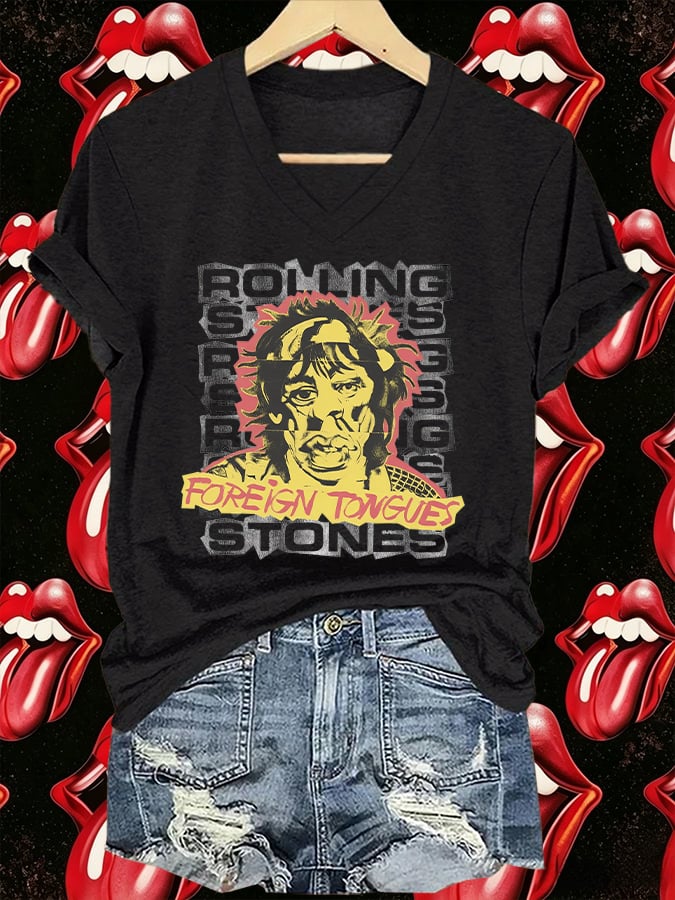Women's V-Neck Retro Foreign Tongues Print T-shirt