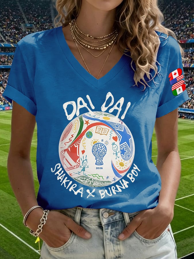 V-Neck Retro Dai Dai Print T-Shirt