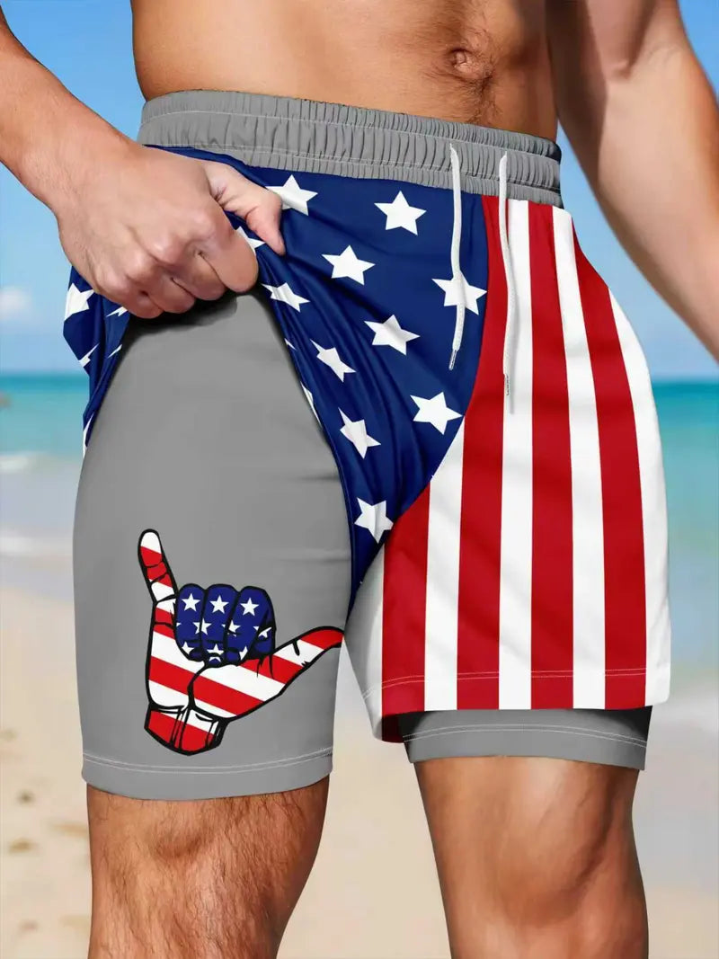 Unisex 2-in-1 American Flag Print Beach Shorts
