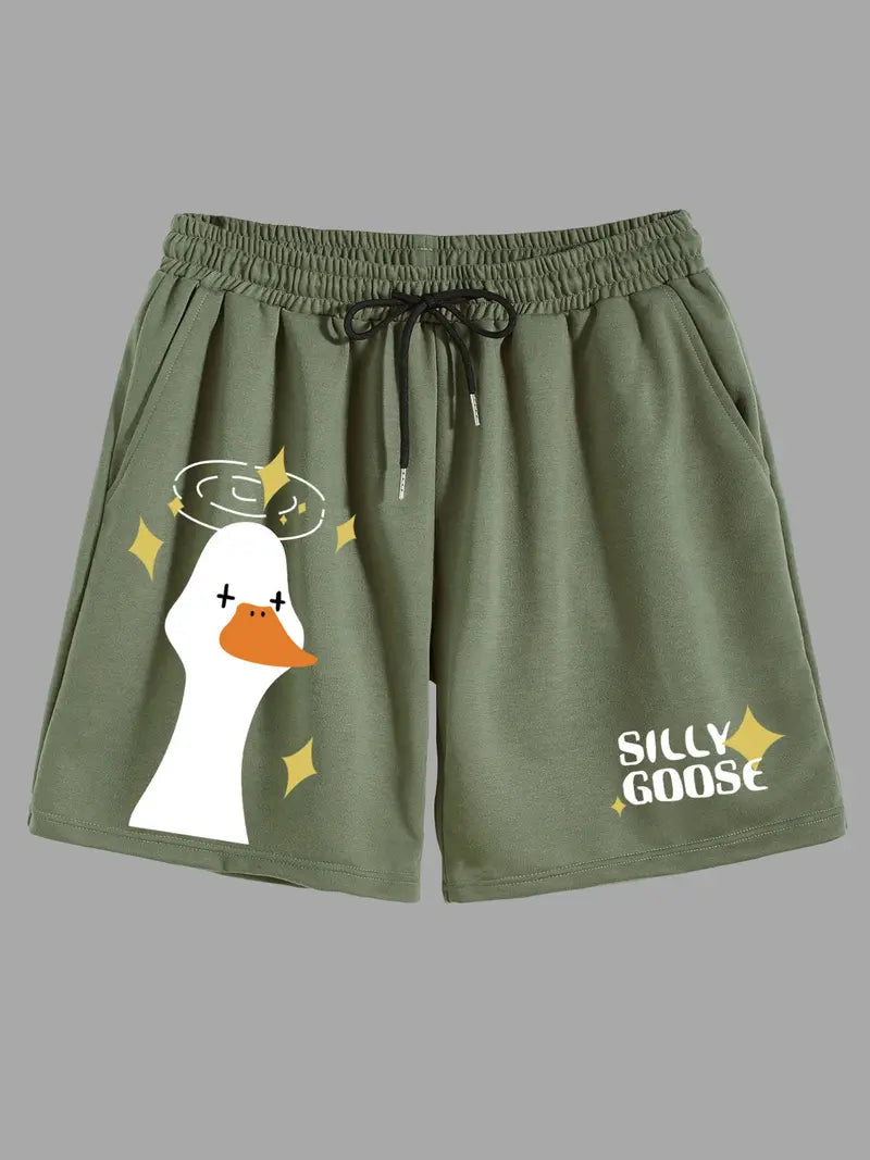 Unisex Cartoon Goose & Letter Print Drawstring Shorts