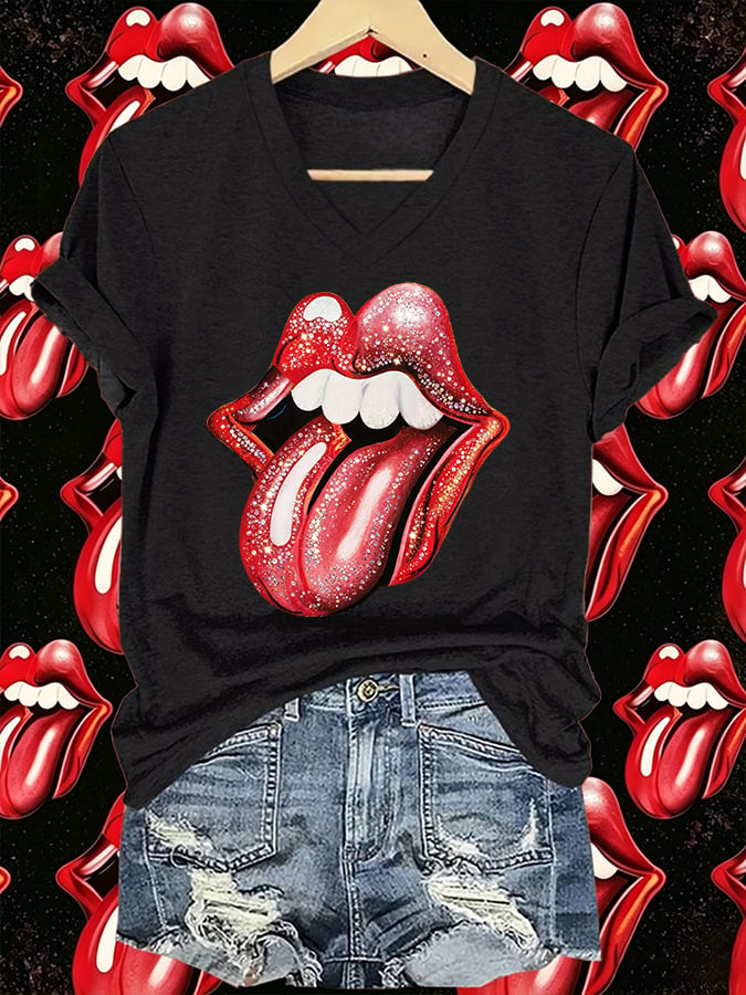 Women's V-Neck Retro Foreign Tongues Print T-shirt