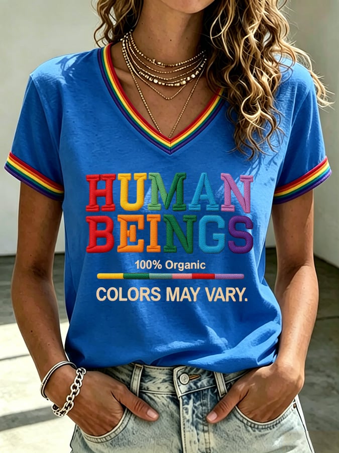 Women's Human Beings Colors May Vary Print V Neck T-shirt