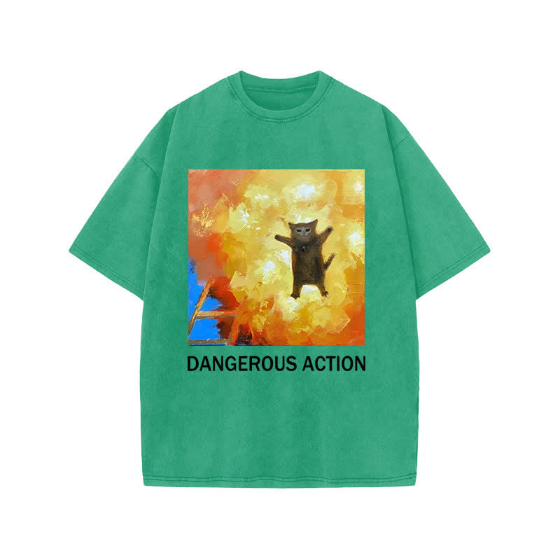 Unisex Dangerous Action Cat Art Print Acid Washed T-shirt