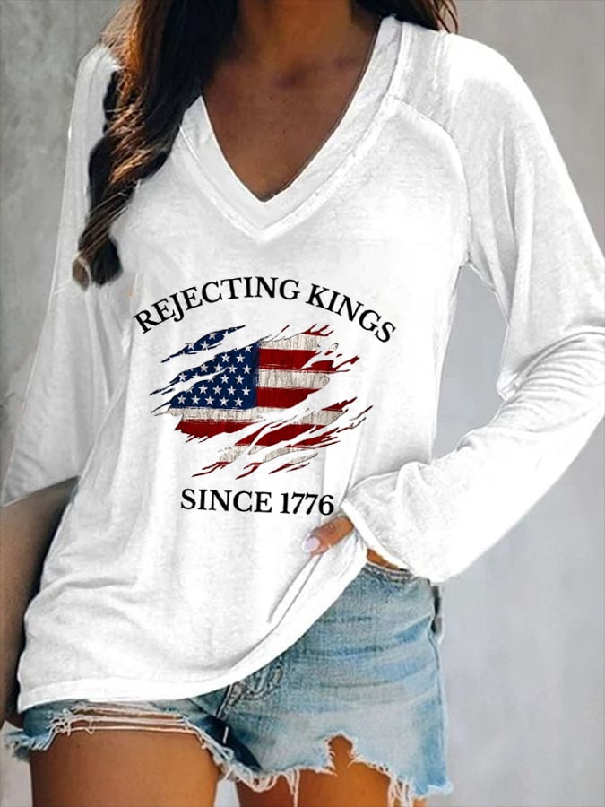 Women's “Rejecting Kings Since 1776” Printed V-Neck Casual T-Shirt