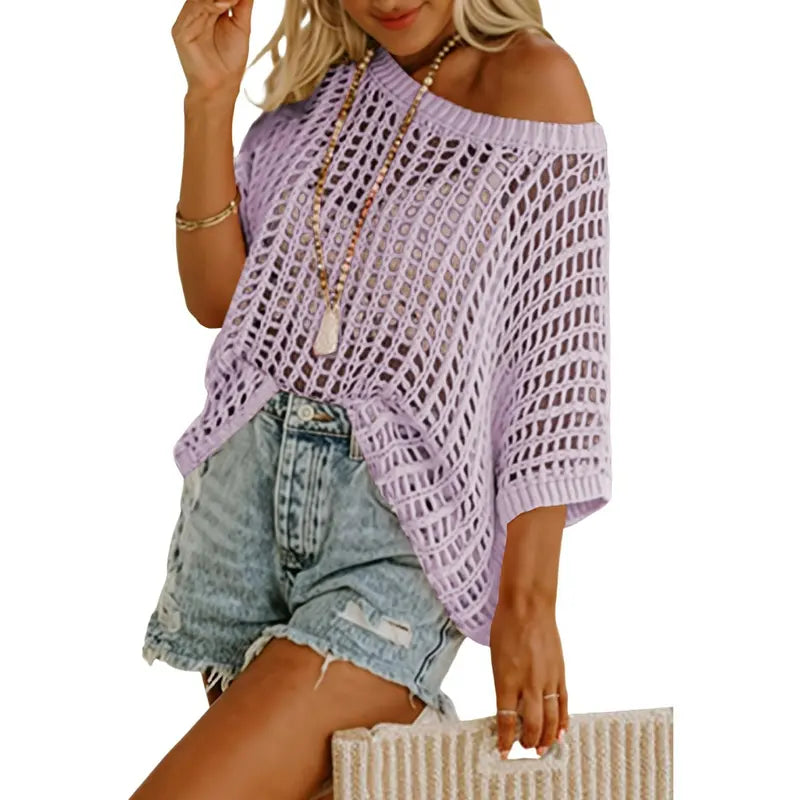 Womens Summer Scoop Neck Short Sleeve Sweater Casual Crochet Hollow Out Knit Tops
