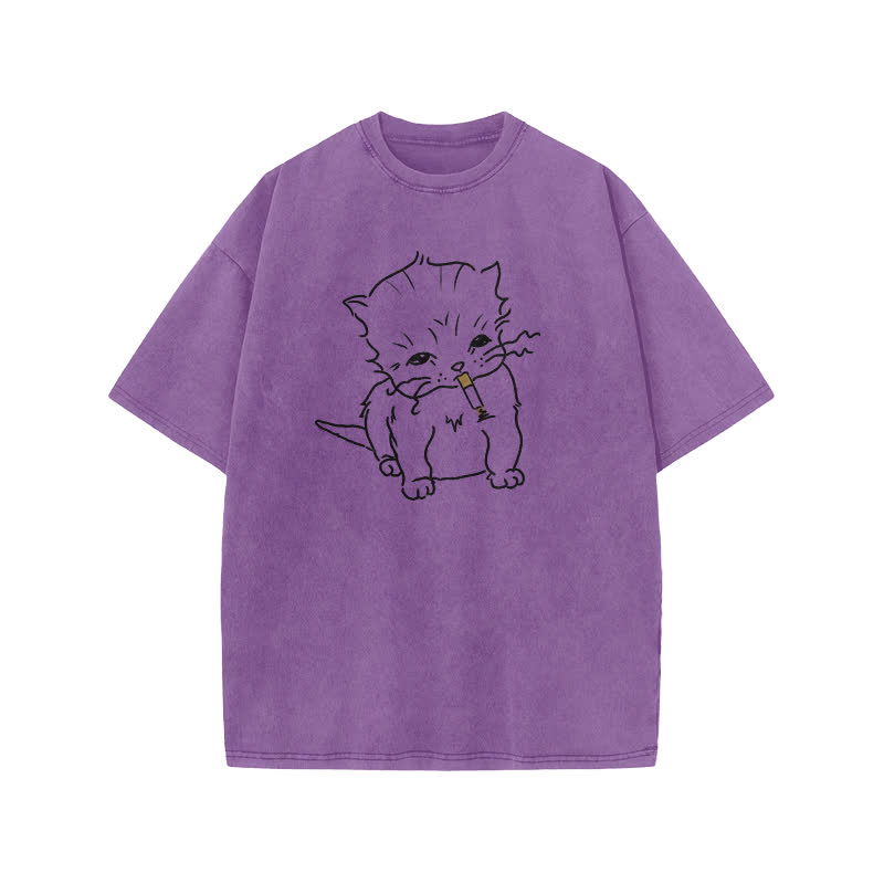 Unisex Smoking Cat Print Acid Washed T-shirt