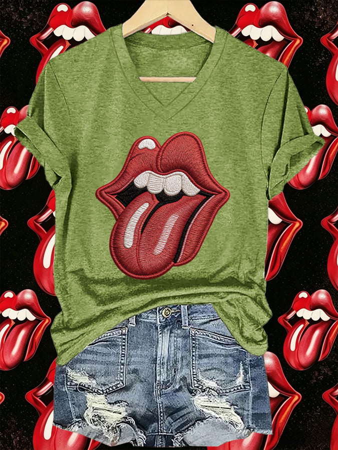 Women's V-Neck Retro Foreign Tongues Print T-shirt