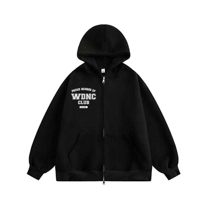 Retro and fun WDNC Club Menopause/Perimenopause printed hooded jacket