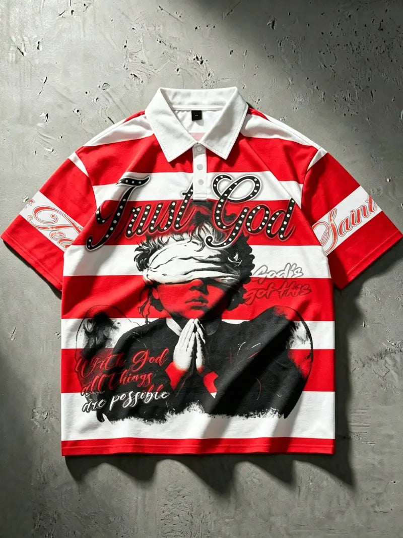 Unisex American Retro Religious Theme Striped Polo Shirt