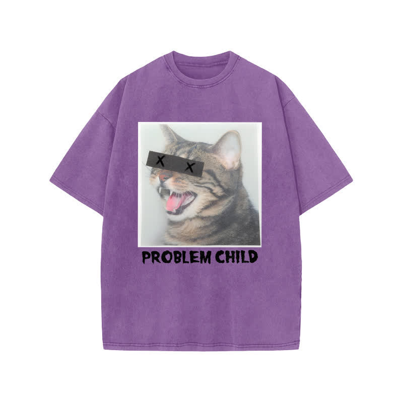 Unisex Problem Cat Art Print Acid Washed T-shirt