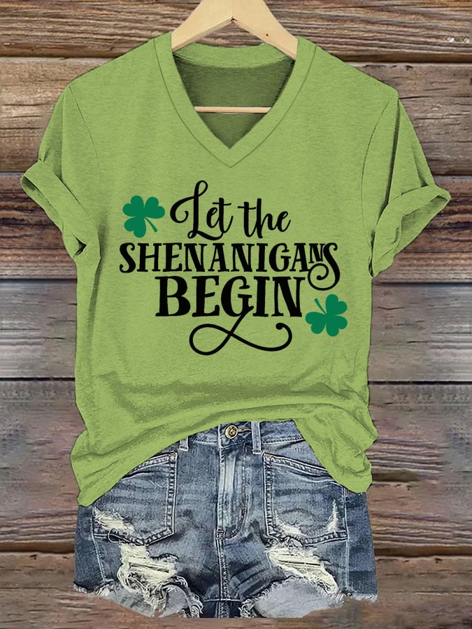 Women's Funny St. Patrick's Day Let The Shenanigans Begin Shamrock Print Casual V-Neck Tee