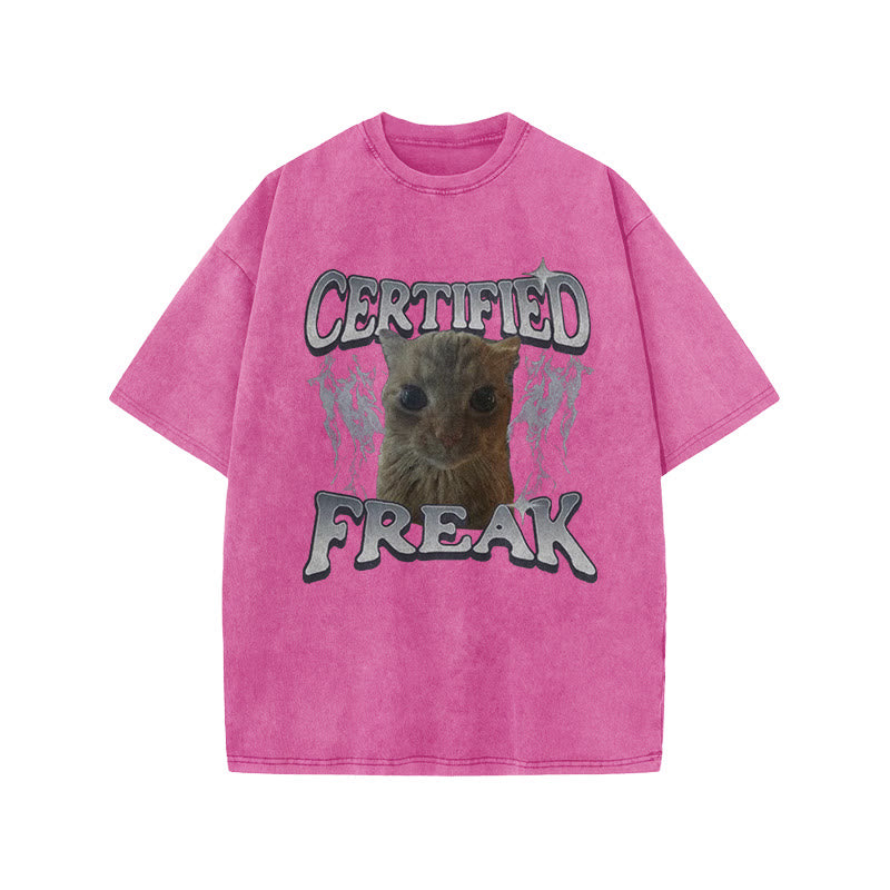 Unisex Certified Freak Funny Cat Print Acid Washed T-shirt