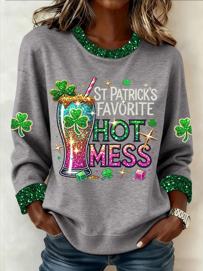 Women's St. Patrick's Favorite Hot Mess Print Casual Sweatshirt