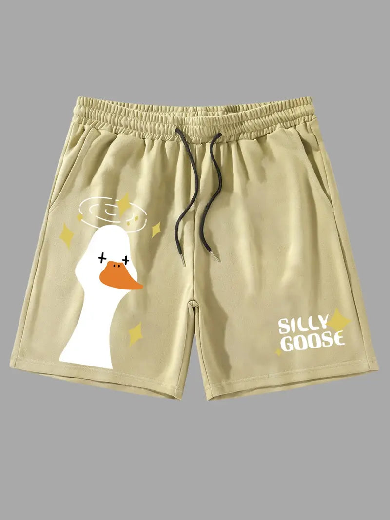 Unisex Cartoon Goose & Letter Print Drawstring Shorts