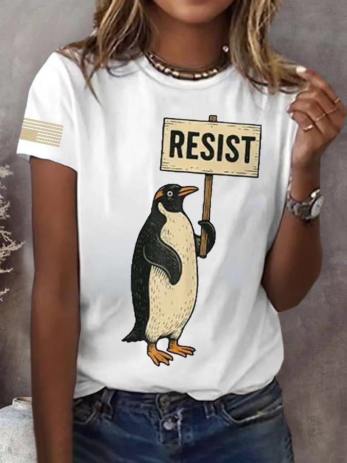 Retro Penguins Resist Tariffs Print T-Shirt