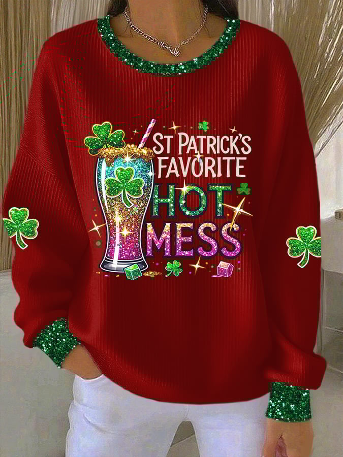 Women's St. Patrick's Favorite Hot Mess Print Casual Sweatshirt