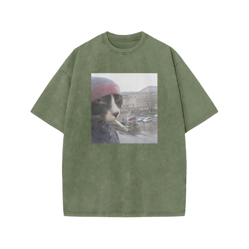 Unisex Smoking Street Style Cat Print Acid Washed T-shirt