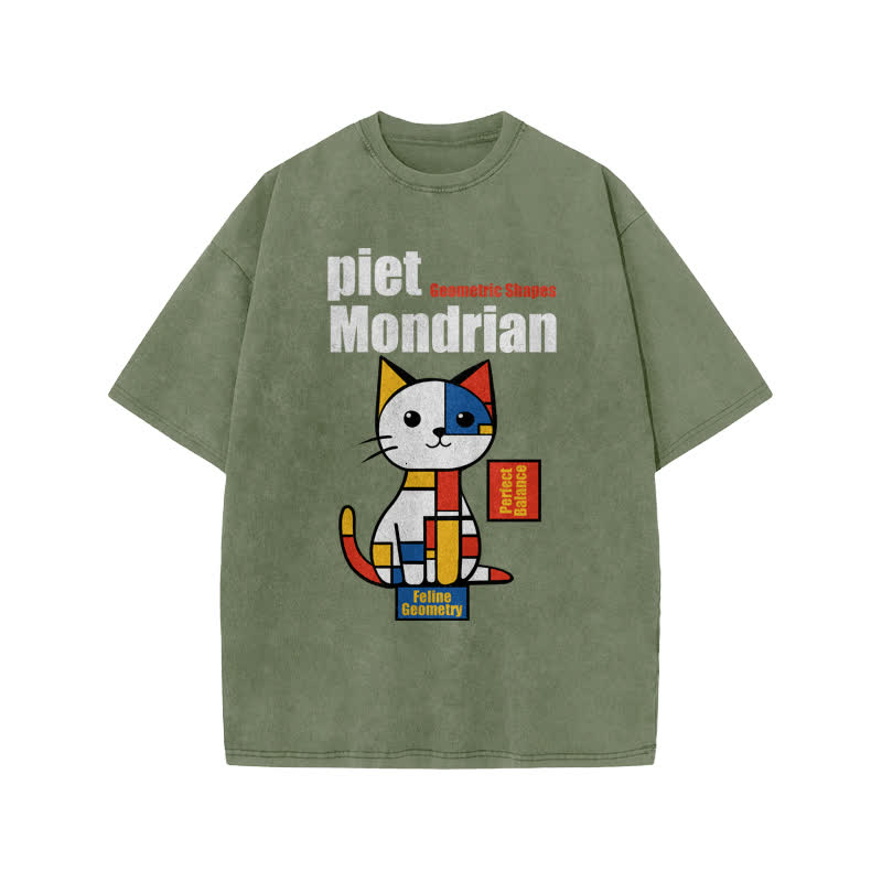 Unisex Geometric Shapes Cat Print Acid Washed T-shirt