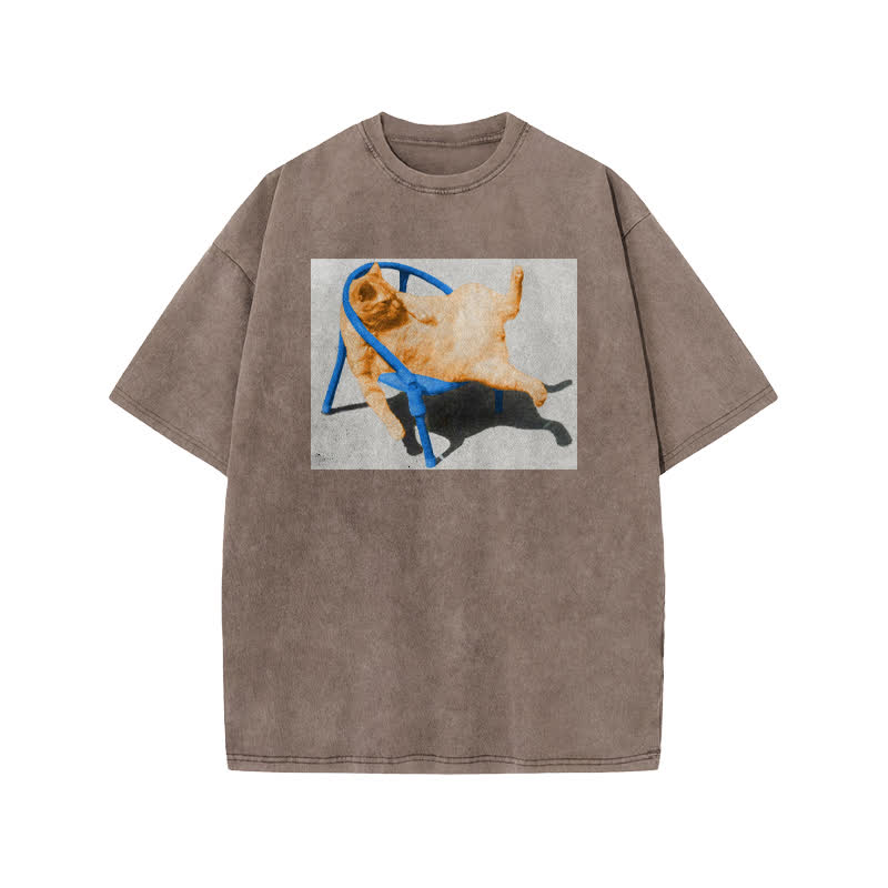 Unisex Cat Lying Flat Print Acid Washed T-shirt