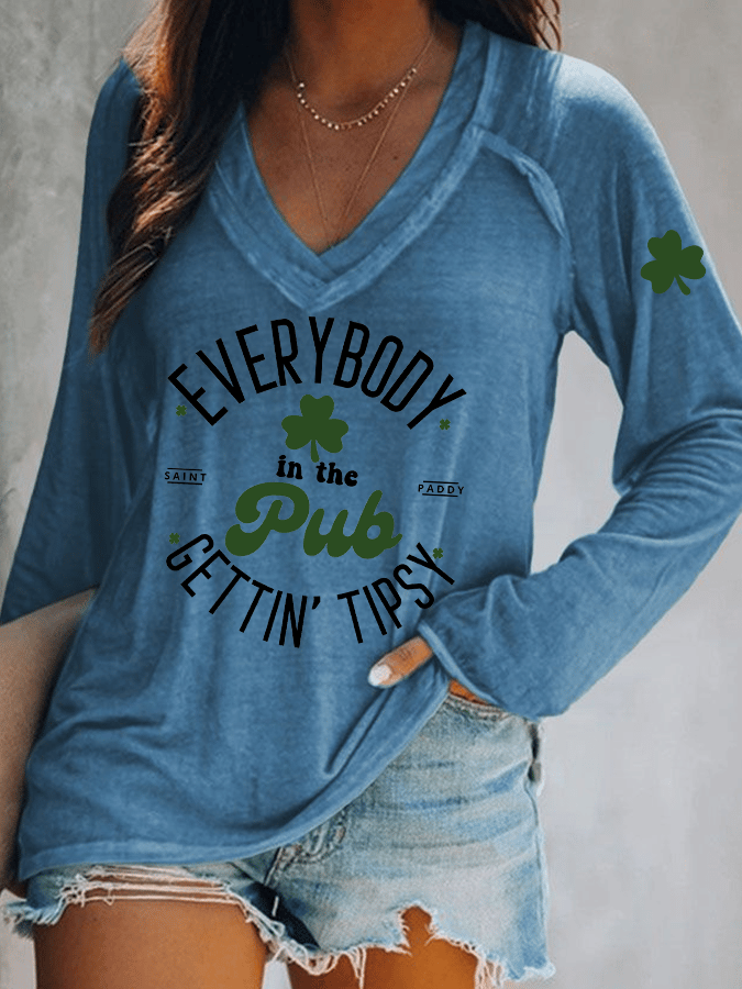 Women's Everybody In The Pub Getting Tipsy St. Patrick's Day Print V-Neck T-Shirt