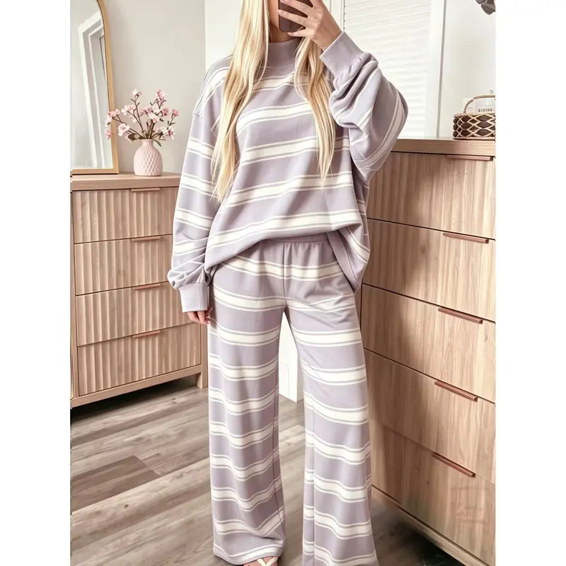 ⏳ Last day to save 50%✨🔥 Striped Oversized Sweatshirt & Wide Leg Pants Lounge Set ✨