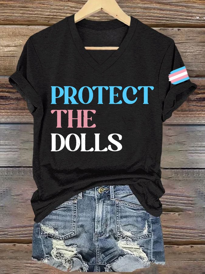 Women's Protect The Dolls Printed V Neck T-shirt